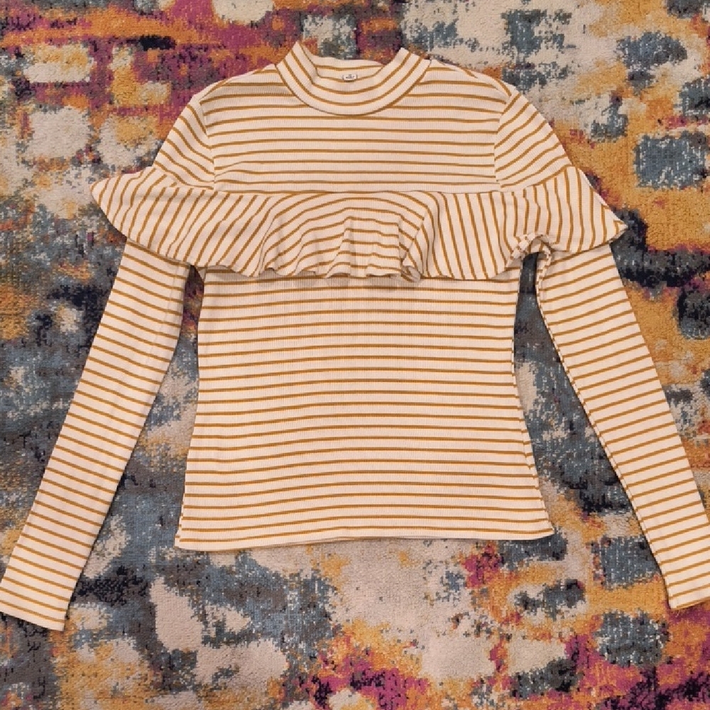 Jack By BB Dakota Cream and Mustard Yellow Striped Ruffle Long Sleeve Top Indie